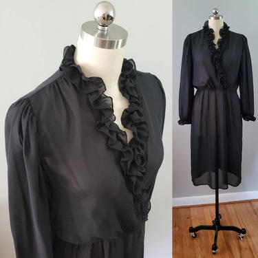 1970s Sheer Black Dress with Ruffle Collar and Cuffs 70s Dresses 70's Women's Vintage Size Large 