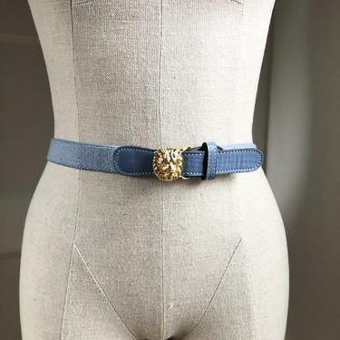 1990s Gold Tone Lion's Head Baby Blue Belt- elastic &amp; leather by Anne Klein size Large 