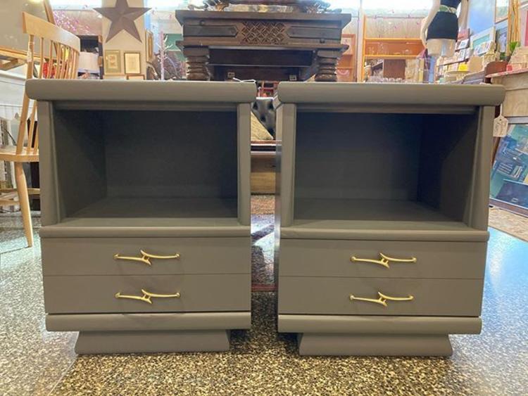 Gray painted mid century nightstands. 16” deep 20” wide 26.5” tall. 