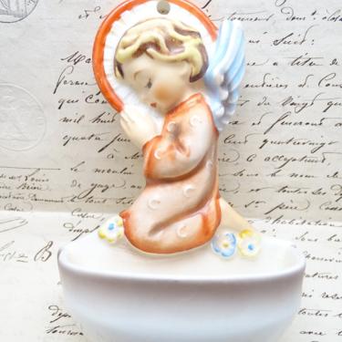 Vintage German Hummel Goebel Praying Angel Holy Water Font 91A, Hand Painted, Antique for Christmas Putz or Nativity Creche, Bee Trade Mark 