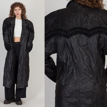 80s Winlit Embossed Black Leather Duster, As Is - Large | Vintage Long Button Up Suede Trim Coat 