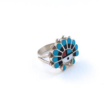 HERE COMES The SUN Zuni Sunface Ring | E R Emma Romancito Silver Turquoise, Jet Inlay Jewelry | Native American, Southwestern, Boho | Size 6 
