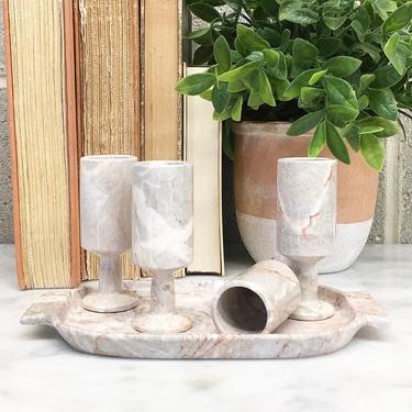 Vintage Shot Glass Set with Tray Retro 1980s Marble + Stone + Set of 4 + Stemmed + Alcohol Serving + Cocktail + Barware + Home and Bar Decor 
