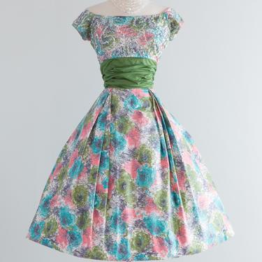 Fabulous Late 1950's Cotton Floral Print Party Dress / Waist 26