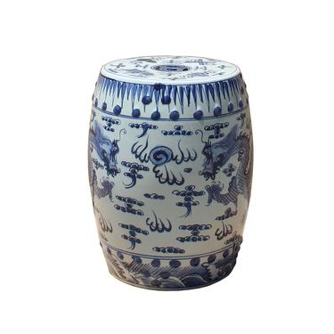 Chinese Blue &amp; White Porcelain Round Double Dragons Theme Stool cs5281S