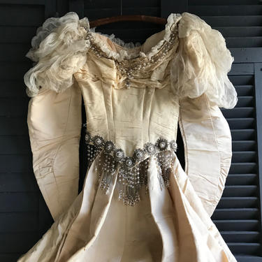 19th C Beaded Silk Wedding Dress, Oyster Cream, ca 1892, For Restoration, LM 