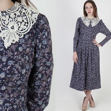 Vtg 80s Laura Ashley Dress Evening Floral Lace Collar Country Prairie Maxi US 6 