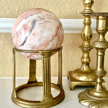 Marble Globe on Brass Stand, Mantel Decor, Entry Way, Book Shelf Decor, Vintage 70s 80s 