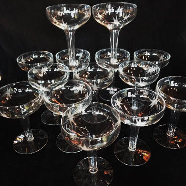 Mid Century Atomic Hollow stem starburst etched champagne coupes 