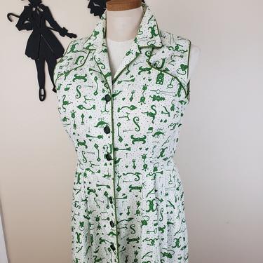 Vintage 1950's Cotton Shirt Waist Dress / 60s Novelty Print Day Dress XL 