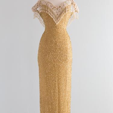 Belle Epoque Inspired Golden Beaded Silk Evening Gown With Pearls / XS