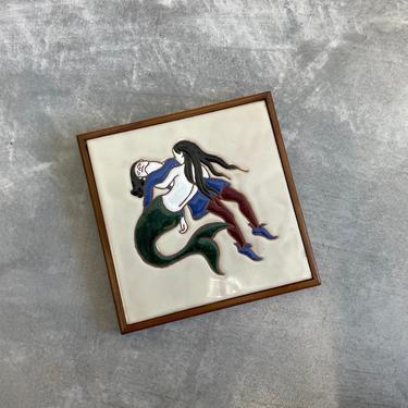 Vintage MCM Square Mermaid Rescue Hanging Tile | Vintage Tile Trivet | Mid Century Modern | Nivaa Danmark 