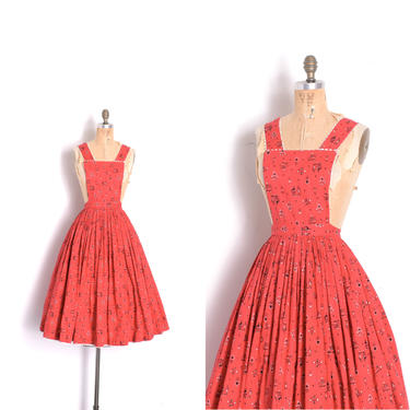 Vintage 1960s Dress / 60s Folk Print Cotton Pinafore Dress / Red ( XS extra small ) 