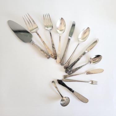 Vintage Silverplate Serving Utensils, Mismatched Set of 12, Serving Forks, Knives, and Spoons 