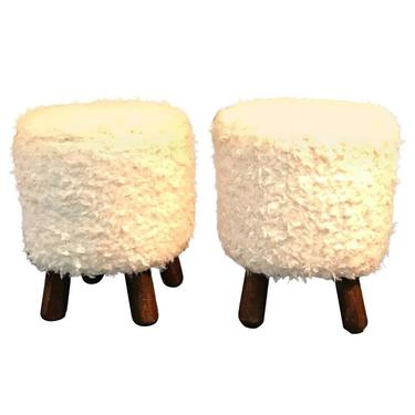 Post-Modern Pair of Faux Sheepskin Stools with Wooden Legs