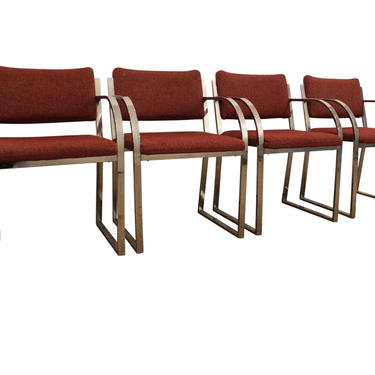 Set of 4 Mid Century Modern Milo Baughman Style Flat Tube Chrome Dining Chairs 