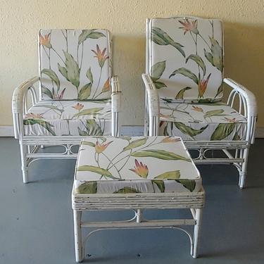 Vintage Rattan Lounge Chair Pair and Ottoman - Set of 3 