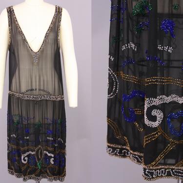 1920s Sheer Beaded Dress | Vintage 20s Black Silk Chiffon Low Neckline Cocktail Dress with Blue, Green, Gold, & Clear Beadwork | small 