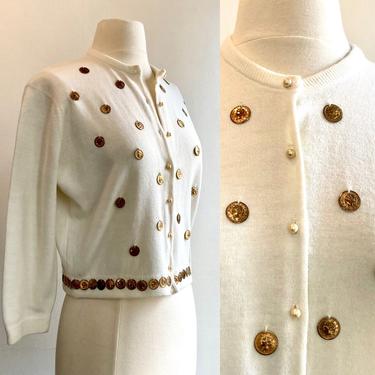 Cute Vintage 50s GOLD COIN Novelty Cardigan Sweater / PEARL Buttons + Cropped 
