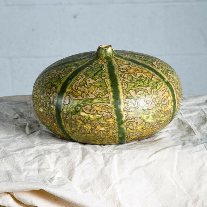 Mid Century Modern Weet Pot Studio Ceramic Bowl Vase Green Yellow Round Artisan