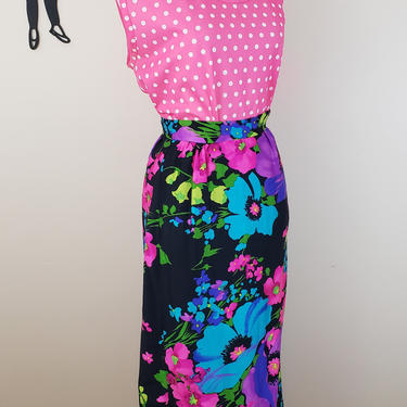 Vintage 1960's Maxi Skirt / 70s Neon Floral Skirt S 