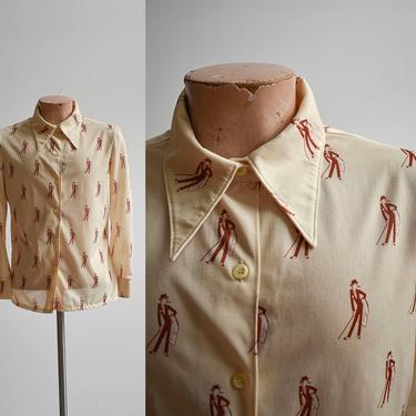 1970s All Over Print Dandy Gentleman Button Down Shirt 