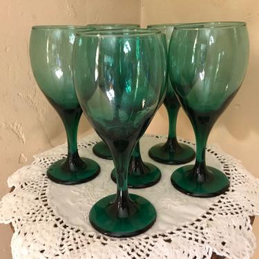 Vintage Pretty Set of (6) Teal Green Wine  Glasses- 10 ounce 