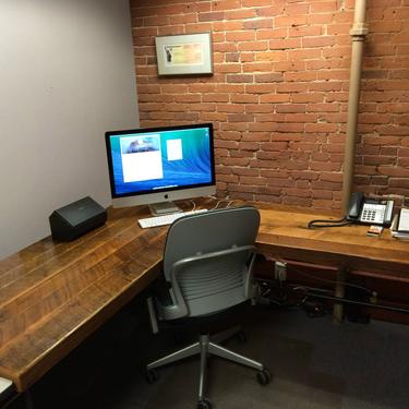 Farmhouse Office Desk in L shape made with reclaimed wood and pipe legs or square steel legs in choice of size, thickness and finish 
