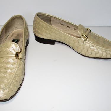 Vintage 1980s Cole Haan Loafers, Flats, Shoes, Casual Slip Ons, Size 9.5B Women, Matte Gold Basketweave Leather 