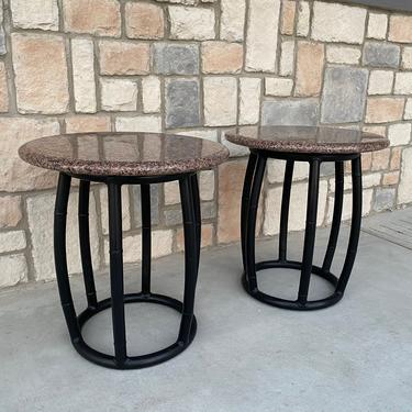 Pair of 20th Century Round Granite Top Side Tables on Faux Bamboo Metal Bases 