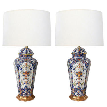19th Century Pair of French Polychromed Faience Octagonal Urns Now as Lamps
