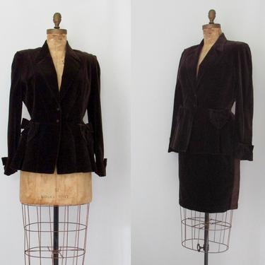 VELVET TOUCH Vintage 80s Thierry Mugler Brown Tuxedo Suit | 1980s Jacket Blazer w/ Bows, Pencil Mini Skirt | Designer Avant Garde |  Medium 