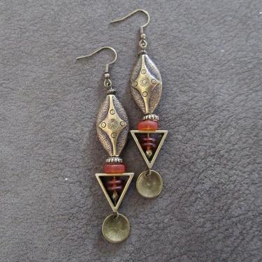 Orange sea glass earrings, boho chic earrings, tribal ethnic earrings, bold earrings, long brass earring, unique artisan earring, bohemian 2 