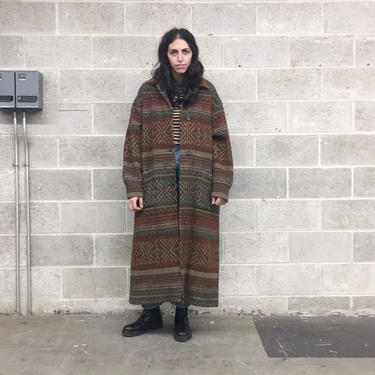Vintage Coat Retro 1990s Orvis + Aztec Print + Wool Blend + Size XL + Duster + Blanket Coat + Aztec + Cold Weather + Womens Apparel 