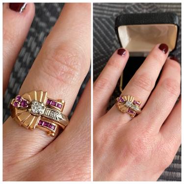 1930s Ring // RARE French Art Deco TANK Ring // 14k rose gold Diamonds & Rubies // vintage 30s Deco Tank Ring 