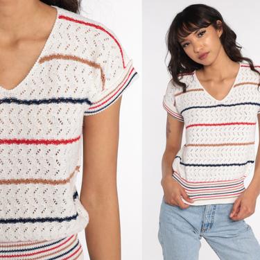 Sheer Sweater Top 80s Striped Knit Shirt Short Sleeve Sweater Boho Open Weave Shirt White Red Navy Blue 1980s V Neck Vintage Small Medium 