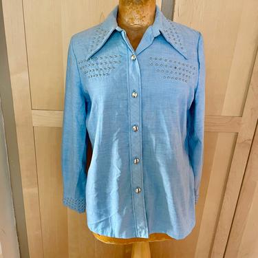Vintage Denim Shirt with Silver Studs Studded Blouse Button Down Shirts Unisex 