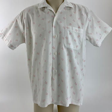 1950's Cotton Shirt -  Distinctive Sportswear Label - Summer Weight Fabric - White with Red Dots Detail - Loop Collar - Men's Size Large 