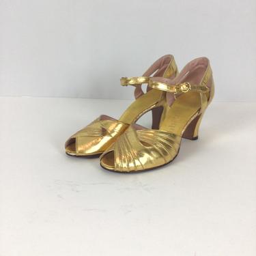Vintage 30s shoes | Vintage gold metallic peep toe heels | 1930s Babette heeled shoes 