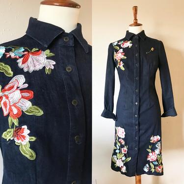 Y2K denim floral appliqué collared long sleeve body con dress size small 