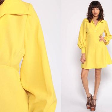Babydoll Dress 1970s Mod Mini Dress Yellow Dress 70s Party Empire Waist Twiggy Dolly Bright Dress Vintage Long Sleeve Plain Small 