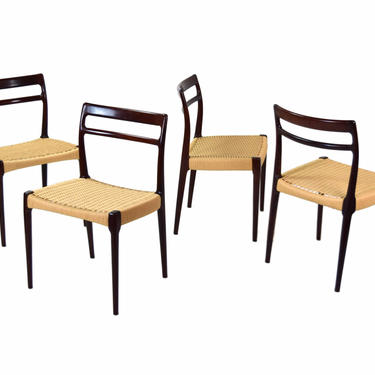 Set of Four Vintage Danish Modern Rosewood Dining Chairs with Cord Seats 