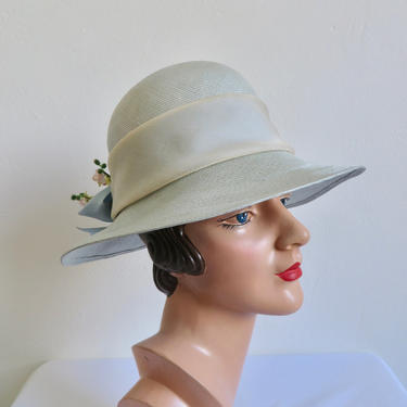 Vintage 1960's Pierre Cardin Pastel Blue Brimmed Straw Hat with Spring Flowers Kentucky Derby Ascot Garden Party 60's Millinery 