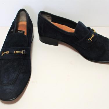 Vintage 1970s French Shriner Loafers, 8 1/2M, Mens Shoes, Navy Blue Suede 
