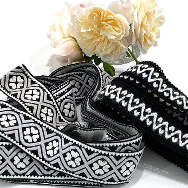 9+ Yards of Vintage Black and White Woven and Knit Ribbon 