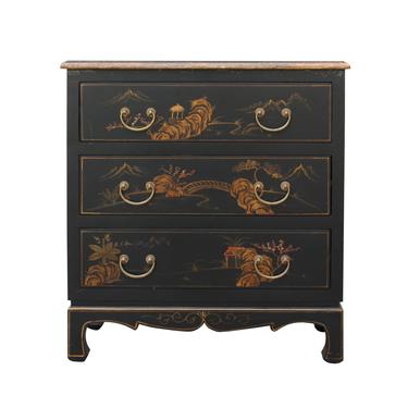 Chinese Oriental Black Gold Lacquer Scenery Graphic Chest of Drawers ws468S