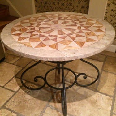 Handcrafted Roman mosaic outdoor, patio, garden, pool side table on vintage wrought iron base 