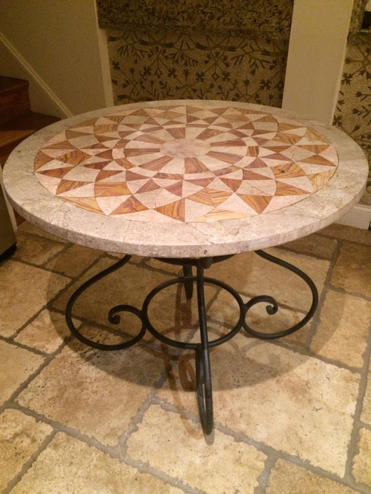Handcrafted Roman Mosaic Outdoor Patio Garden Pool Side Table On Vintage Wrought Iron Base From Souli Design Of Philadelphia Attic - Handcrafted Mosaic Patio Table