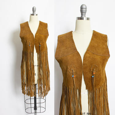 Vintage 1970s FRINGE Leather Vest Long Brown Suede Hippie Boho Top Small 