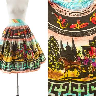 Vintage 1950s Circle Skirt | 50s Mexican Hand Painted Cotton Novelty Print Music People Striped Colorful Souvenir Tourist Skirt (medium) 